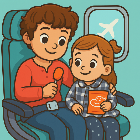 Illustration of a parent and child seated on a plane
