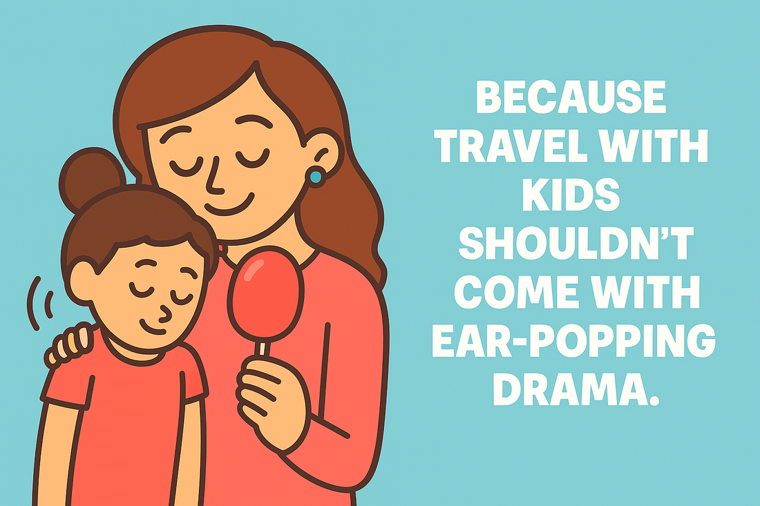 Illustration of a mom and child with a lollipop on a flight