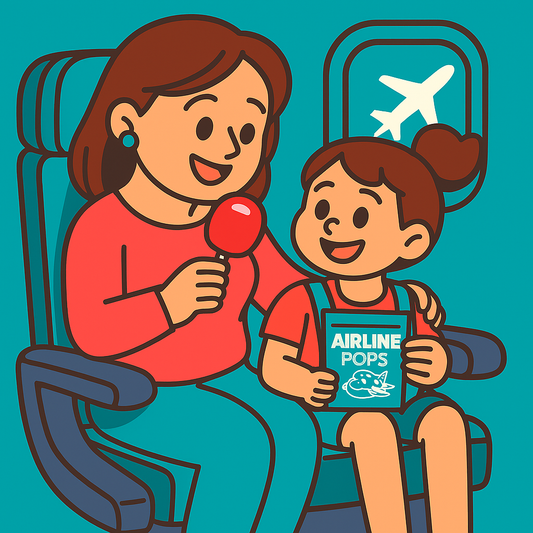 Illustration of a parent and child on a plane with a lollipop